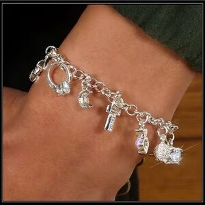 New Silver Celestial & Love Charm Cross, Heart, Moon & Crystal Dangle Bracelet